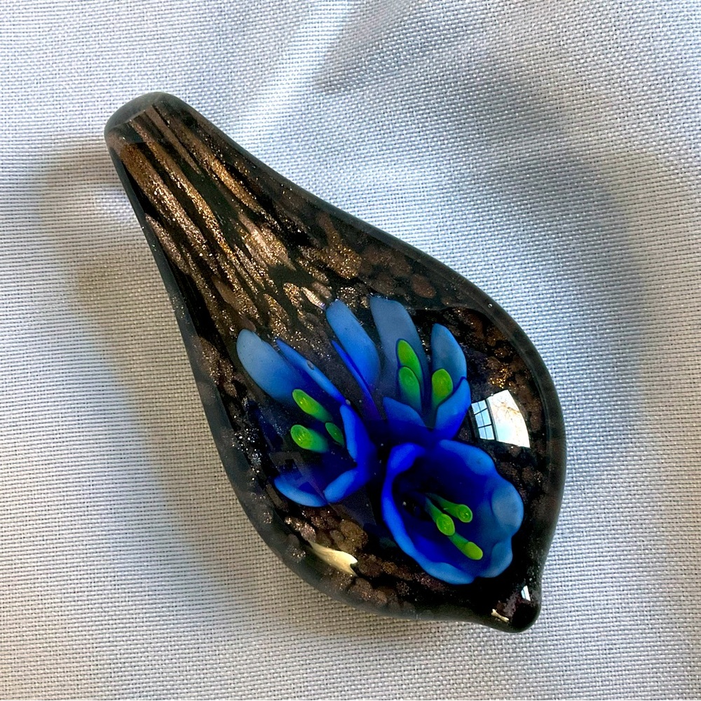 Handcrafted Lampwork Glass Pendant. Teardrop. Medium Blue Flower.